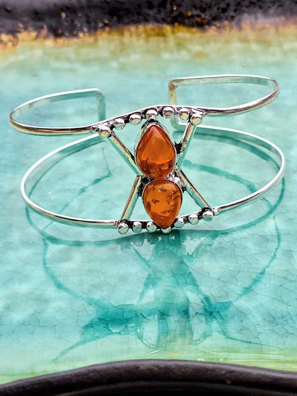 Baltic Amber Cuff Bracelet In 925 Sterling Silver (Adjustable)
